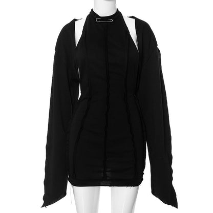 Women Clothing Winter Solid Color Hoodie Long Sleeve Halter Ripped Backless Short Dress Set
