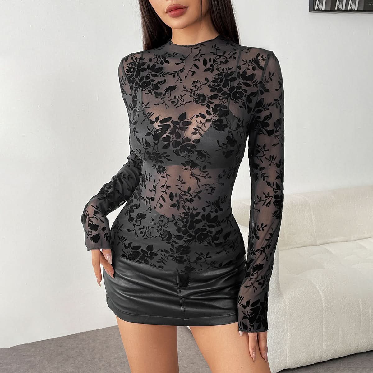 Crewneck long sleeve mesh flower print solid top  | Festival Outfits Women