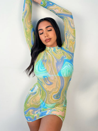 Sheer Mesh Long Sleeve Dress Autumn Mesh Floral Print Slim Sexy Long Sleeve Dress