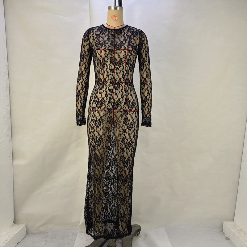 Women Clothing Spring Summer Solid Color Lace See through Long Sleeve Mid Length Dress