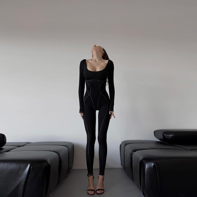 Autumn Women Clothing Street Personalized Sexy Slim Fit Square Collar Split Jumpsuit