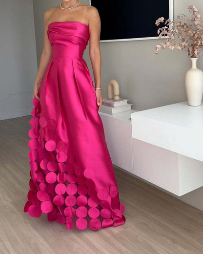 Luxurious Poise Satin Spliced mesh Polka-dot Fabric Off Shoulder Formal Maxi Dress