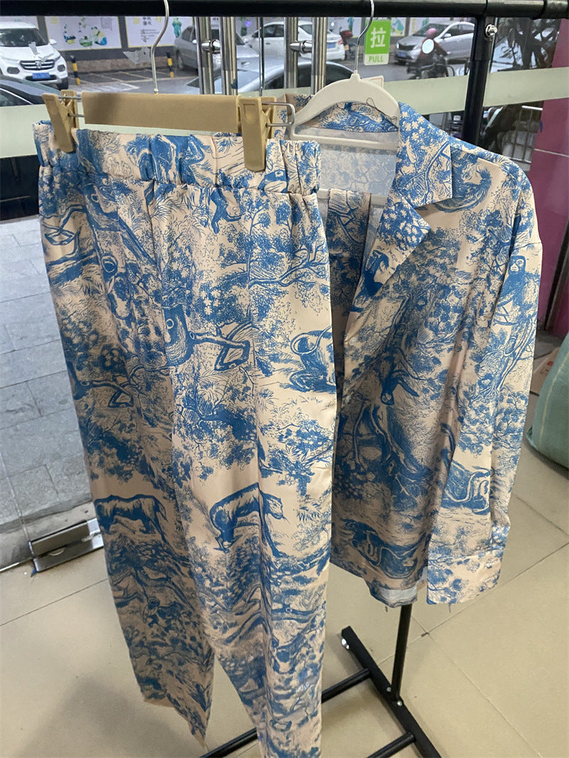 French Print Long Sleeve Lace up Shirt High Waist Wide Leg Pants Women Sets