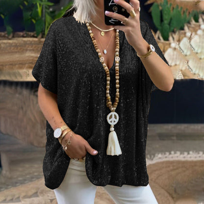 Short Sleeve Urban Casual Color Loose Pullover Sequined V neck T shirt Top Women Clothing