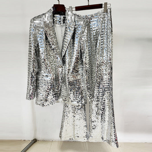 Spring Summer One Button Mesh Sequ Work Pant Two Piece Set