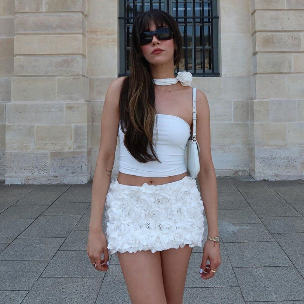 Sexy All Matching Women Wear Cropped Rose Floral Single Tank Top Short Skirt Two Piece Set