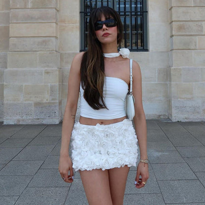 Sexy All Matching Women Wear Cropped Rose Floral Single Tank Top Short Skirt Two Piece Set