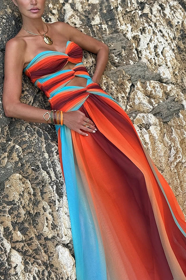 Ladies' Sunset Sexy strapless Fashion Tassel Printed Twisted Hollow Off Shoulder Vacation Long Dress
