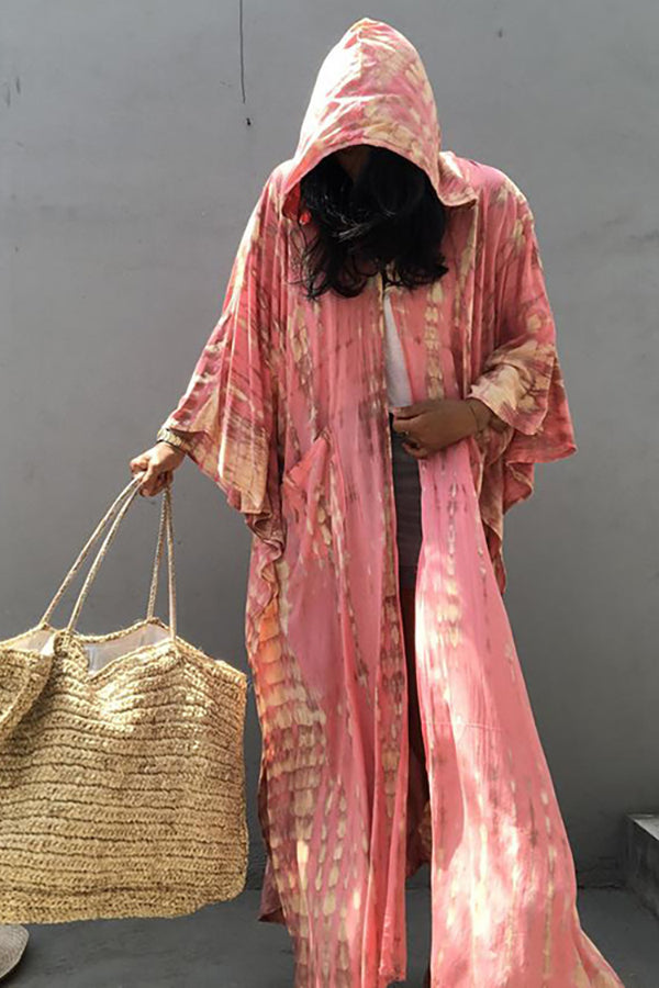 Boho Tie-dye Print Hooded Kimono Cover-up