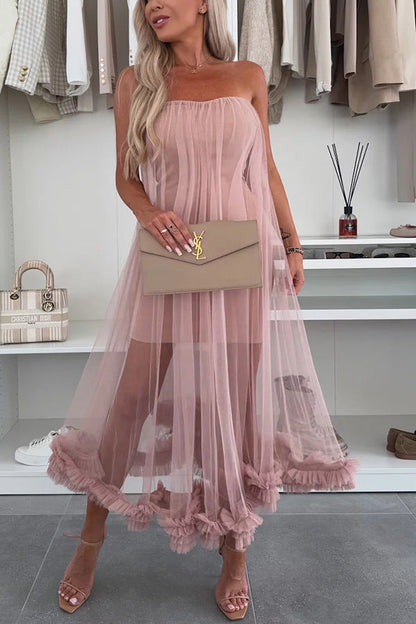 Spring Summer Wrapped Chest Mesh Large Swing Dress Casual Loose Vacation Dress