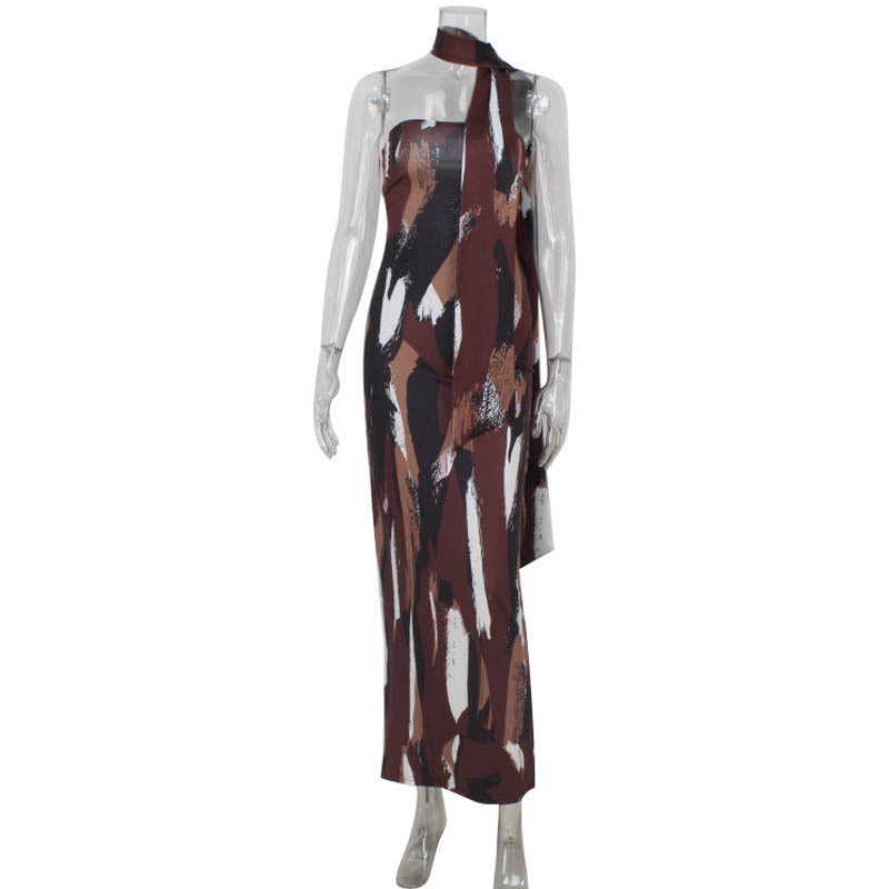 Elegant Spring Tube Top Sexy Bare Back Dress Printed Figure Elegant Slim Fit Maxi Dress