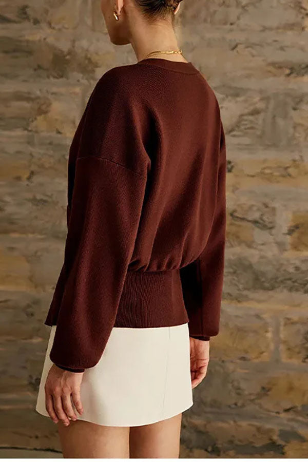 Only Yours Knit Metal Leaf Shape Button Lantern Sleeve Relaxed Cardigan