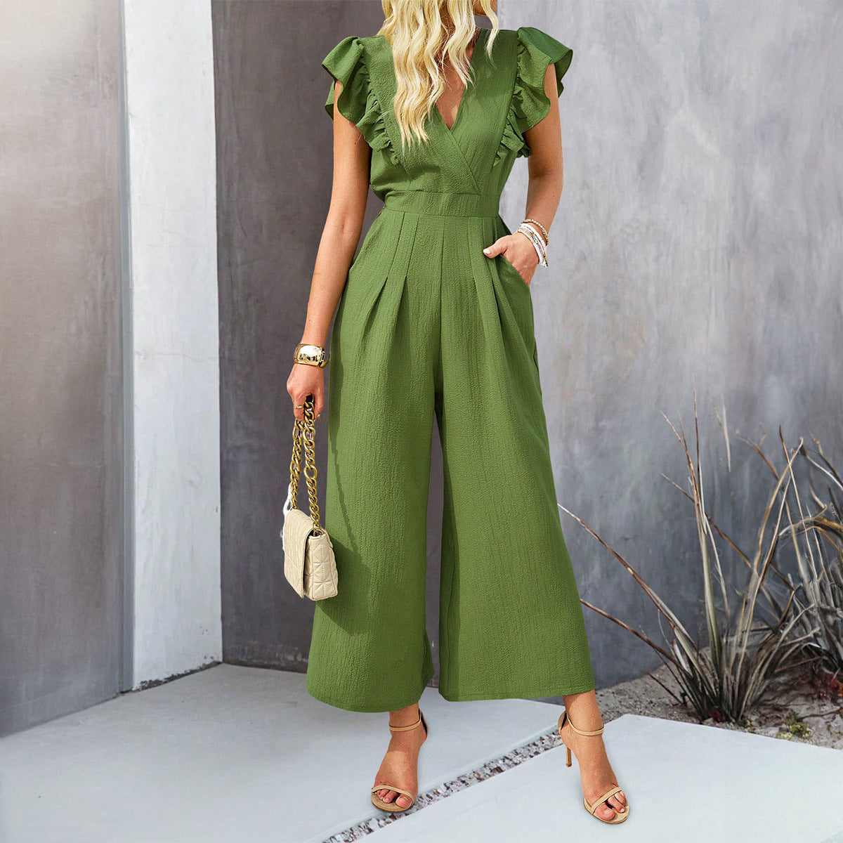 Women Clothing Spring Summer Solid Color Top Jumpsuit