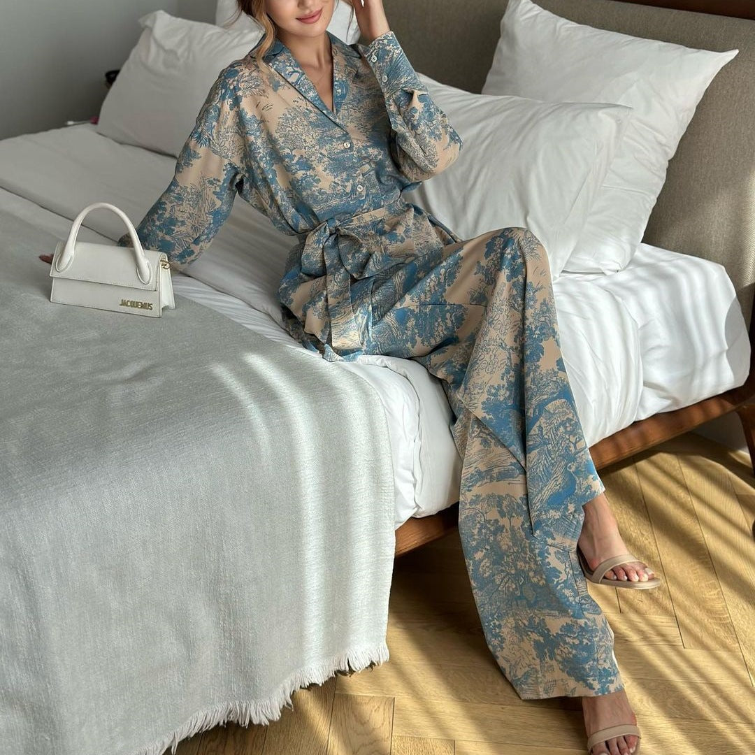 French Print Long Sleeve Lace up Shirt High Waist Wide Leg Pants Women Sets