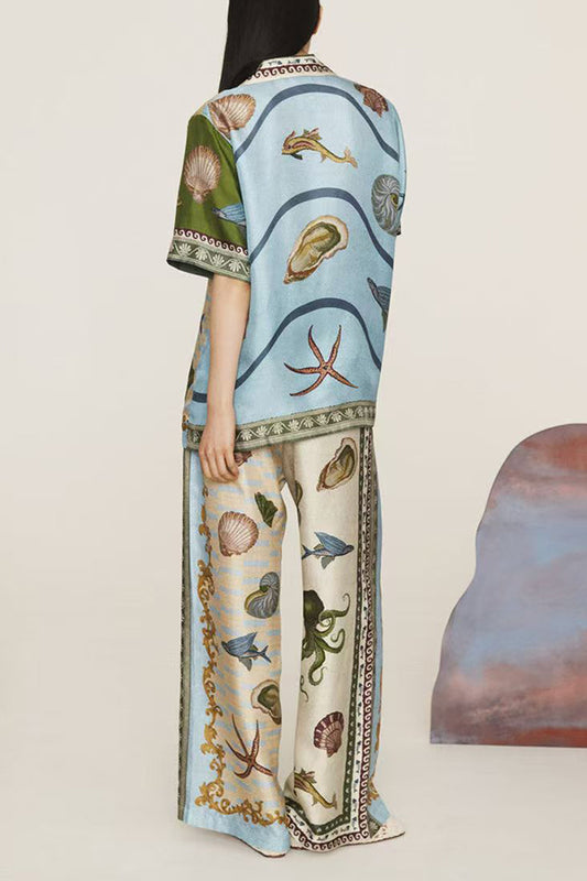 Deep Sea Dreaming Satin Unique Print Short Sleeve Shirt and Elastic Waist Pocketed Pants Set