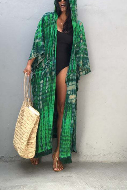 Boho Tie-dye Print Hooded Kimono Cover-up