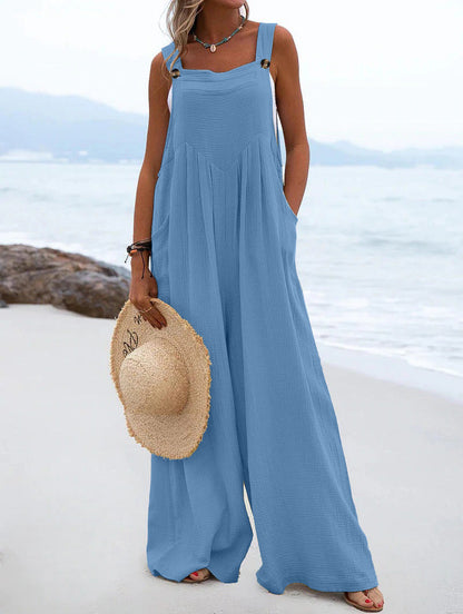 Women Clothing Summer Jumpsuit Ethnic Solid Color Wide Leg Jumpsuit