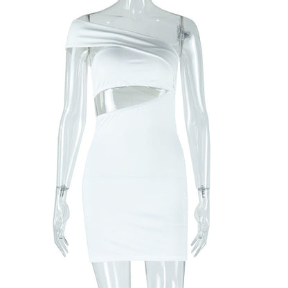 Women Clothing Solid Color Dress Sexy Diagonal Collar Cold Shoulder Sleeveless Hip Dress