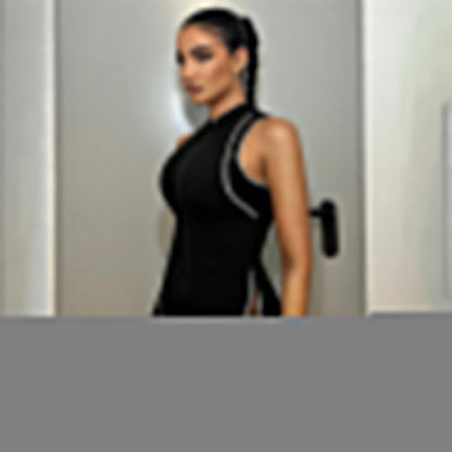 Women Clothing Autumn Winter round Neck Zipper Sleeveless Stitching See through Sexy Tight Hip Lifting Jumpsuit