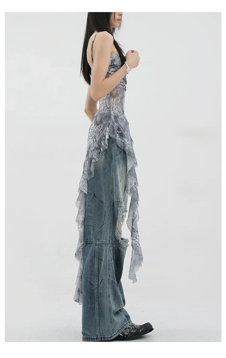 Vintage Distressed And Dirt-Dyed Patchwork Wide-Leg Jeans