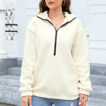 Women Plush Casual Top Half Zipper Pullover Long Sleeve Sweatshirt Sweatshirt