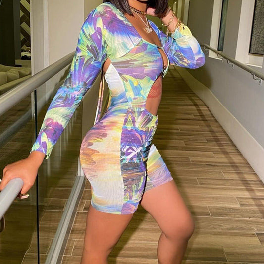 Summer Women Clothing Sexy Mesh Floral Print Tight Jumpsuit Women