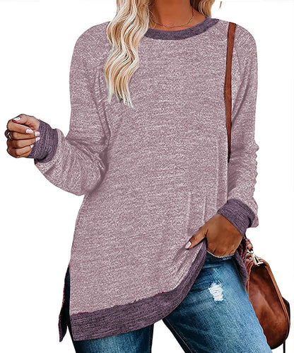 Women Clothing Long Sleeve round Neck Multicolor Split Top Loose Casual Pullover T shirt