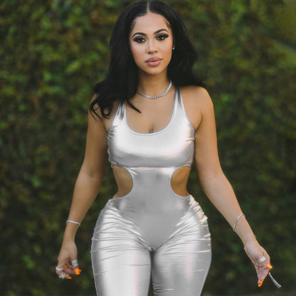 Metallic Coated Fabric Women Clothing Winter Solid Color Faux Leather Sexy Cutout Backless Slim Fit Sling Jumpsuit