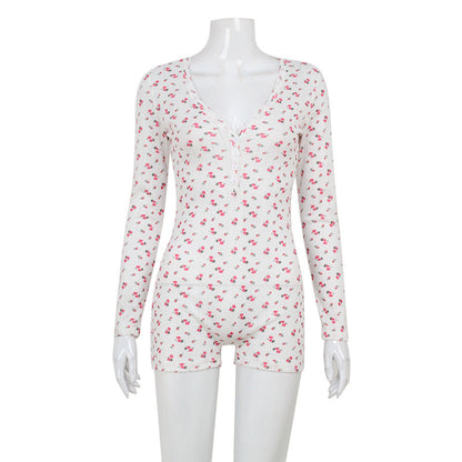 Floral Print Long Sleeved Jumpsuit V neck Sexy Slim Home Romper Women