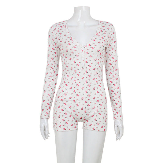Floral Print Long Sleeved Jumpsuit V neck Sexy Slim Home Romper Women