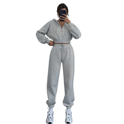 Autumn Winter Hooded Zipper Waist Tight Sweaters Women Clothing Casual Exercise Suit
