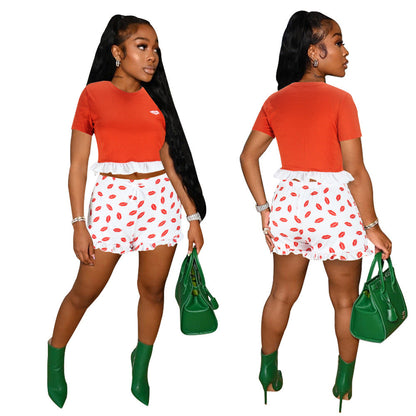 Women Clothing Summer Lace Color Matching Short-Sleeved T-shirt Women Lip Printings Slim Two-Piece Set Romper