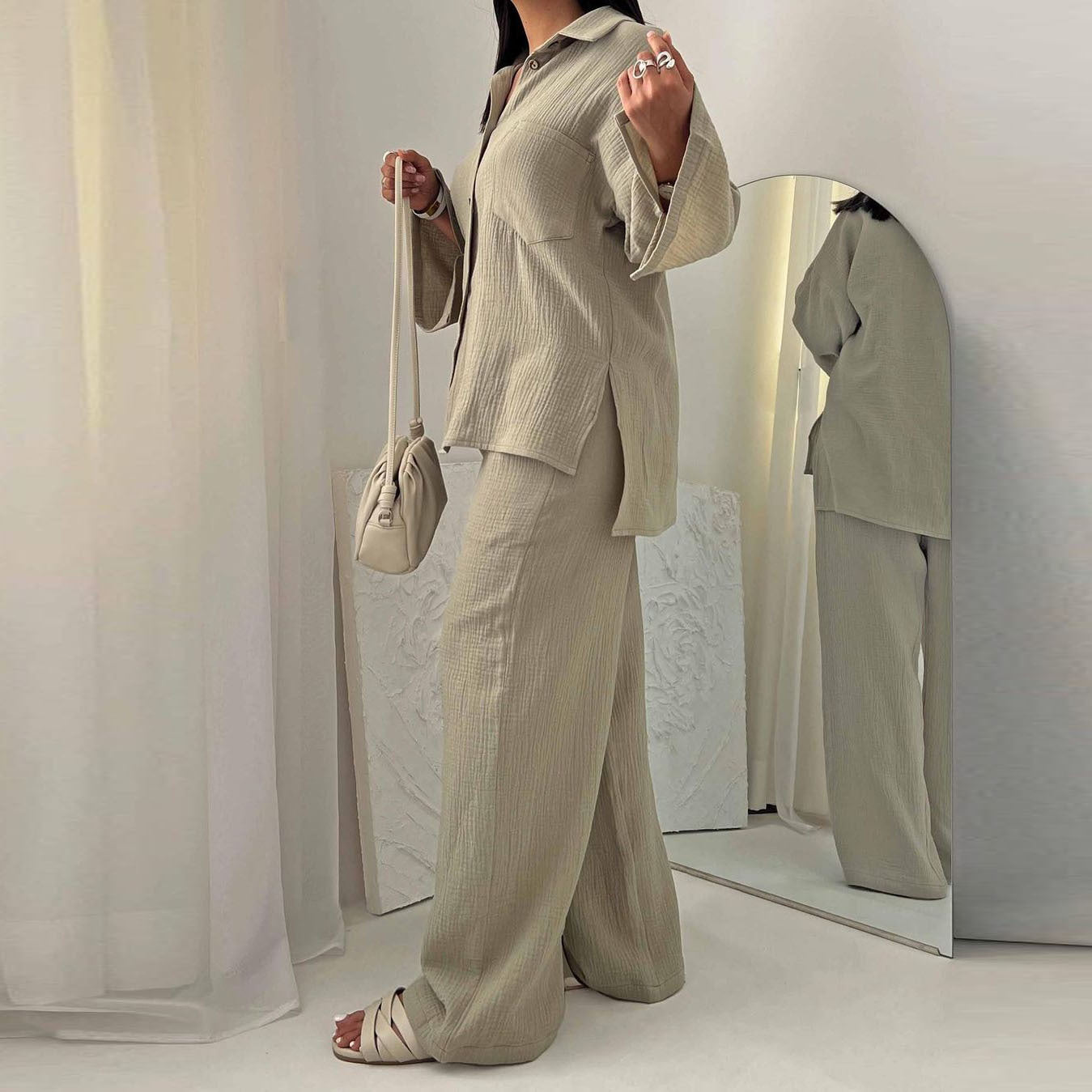 Women Clothing Autumn Champray Long Sleeve Shirt High Waist Wide Leg Pants Set