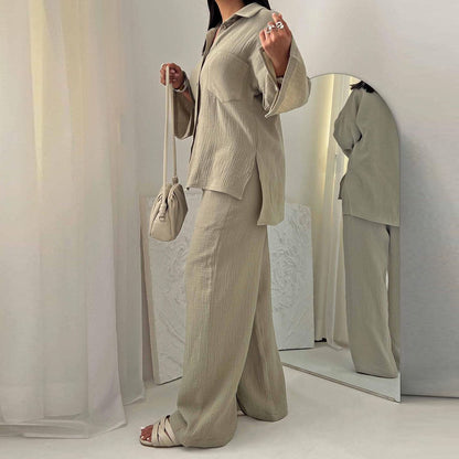 Women Clothing Autumn Champray Long Sleeve Shirt High Waist Wide Leg Pants Set