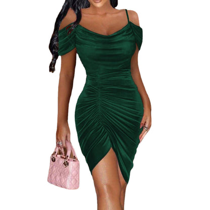 Spring Dress Sexy Slim Strap Fluff Drawstring Irregular Asymmetric Dress