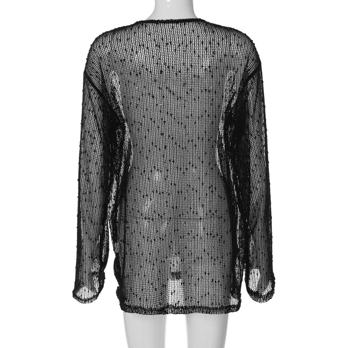 Long sleeve crewneck hollow out see through cut out top  | Festival Outfits Women
