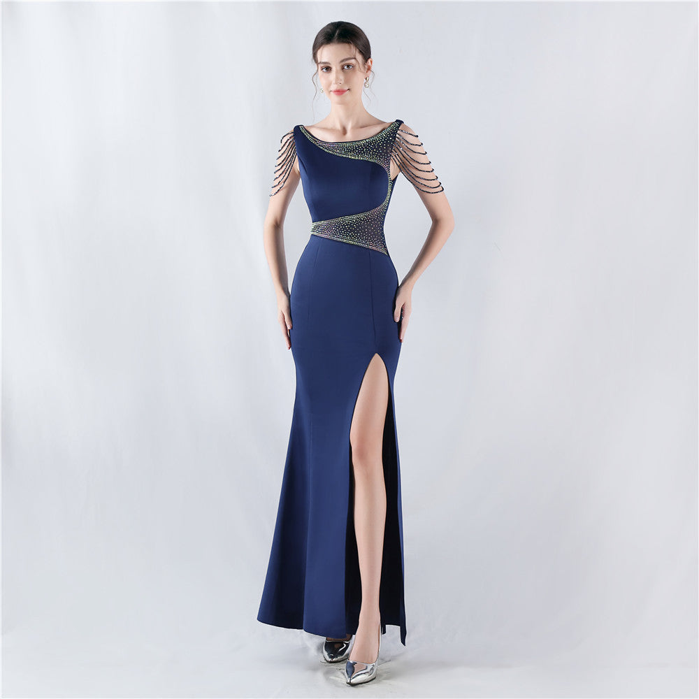Dress Heavy Embroidery Drilling Give Sheer Mesh High Fork Satin Evening Dress Annual Meeting Wedding