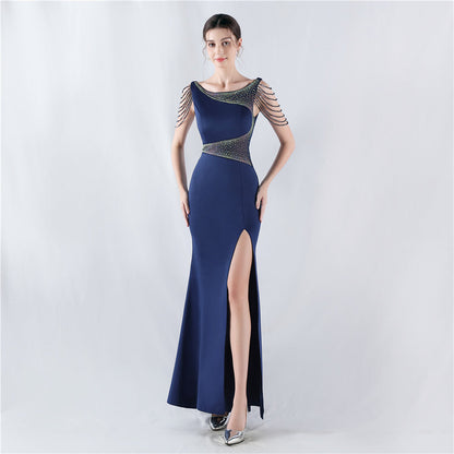 Dress Heavy Embroidery Drilling Give Sheer Mesh High Fork Satin Evening Dress Annual Meeting Wedding