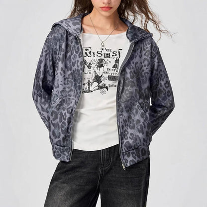 Women Clothing Autumn Winter Vintage Leopard Print Hooded Jacket