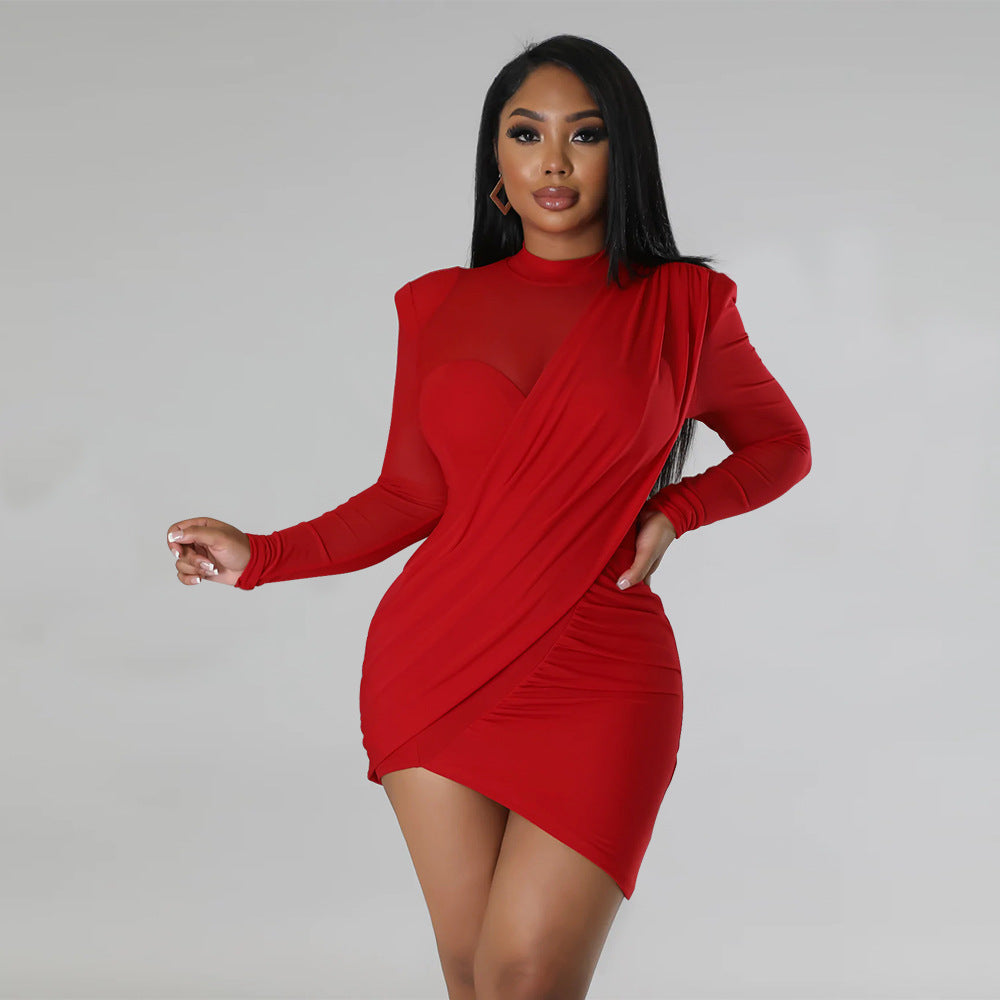 Women Mesh Stitching See-through Patch Waist Dress