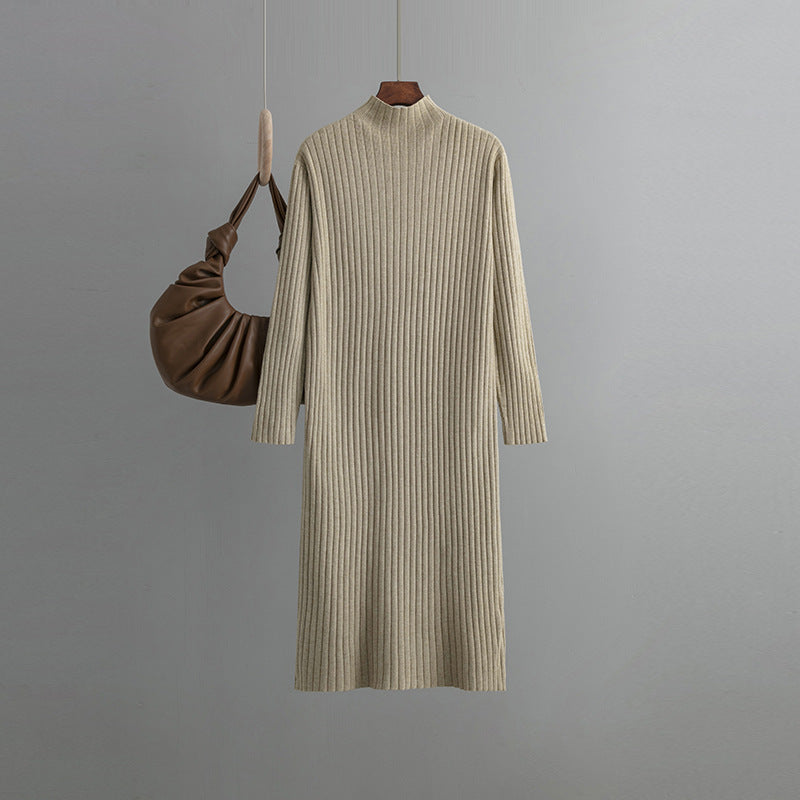 Women Knitted Bottoming Dress, Autumn Winter Half High Collar Mid Length Dinified Sweater Over the Knee