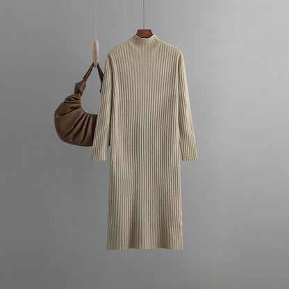 Women Knitted Bottoming Dress, Autumn Winter Half High Collar Mid Length Dinified Sweater Over the Knee