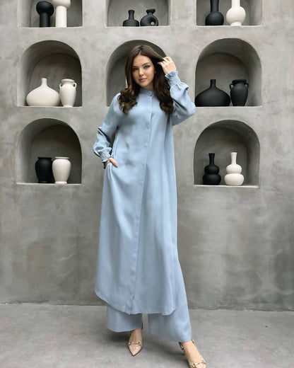 Women Clothing Multi Button Long Sleeve Split Stand Collar Shirt Casual Straight Pants Two Piece Set