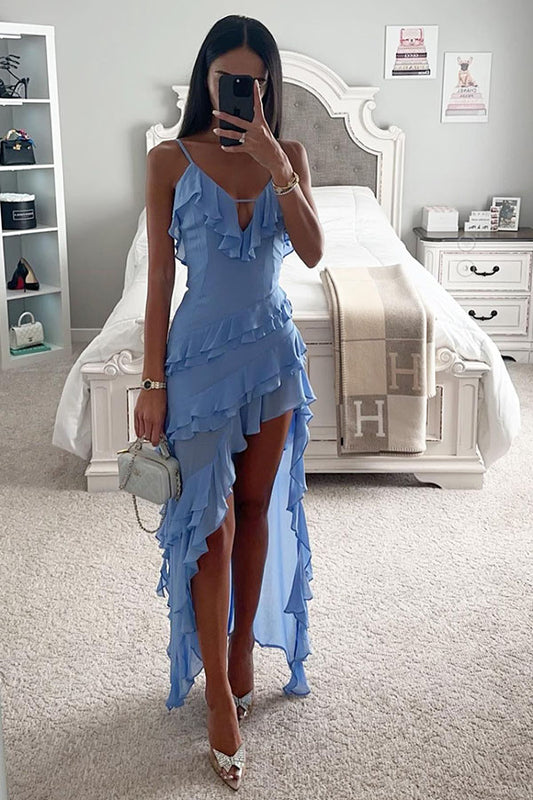 Sexy V-neck Ruffle Irregular Solid Color High Split Layered Dress