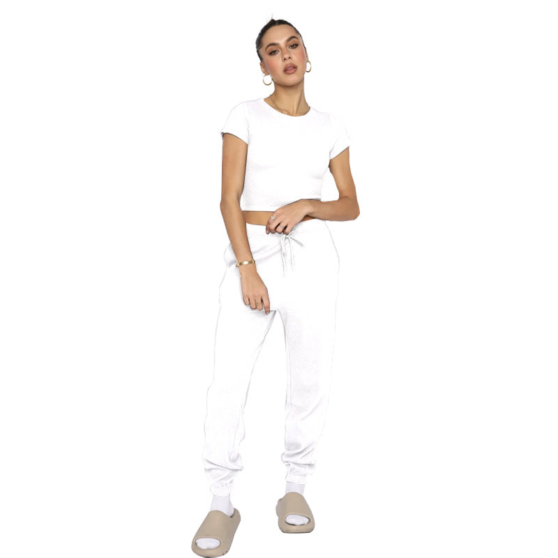 Spring Summer Solid Color Waffle round Neck Short Sleeve Women Clothing Casual Trousers Sets