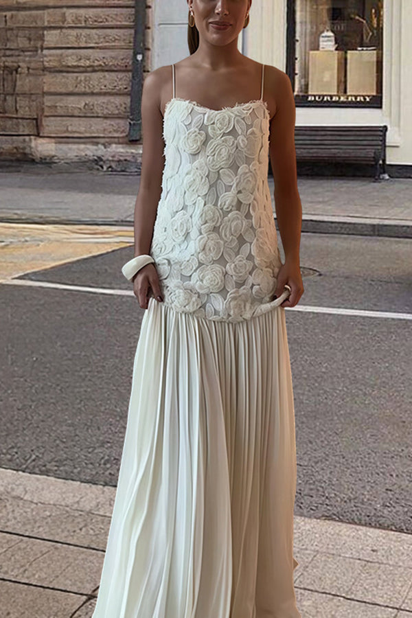 Indulge in Floral Applique Pleated Chiffon Hem Slip Maxi Dress