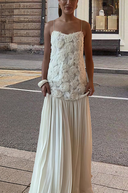 Indulge in Floral Applique Pleated Chiffon Hem Slip Maxi Dress