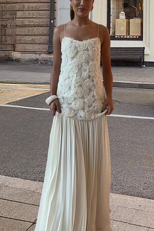 Indulge in Floral Applique Pleated Chiffon Hem Slip Maxi Dress