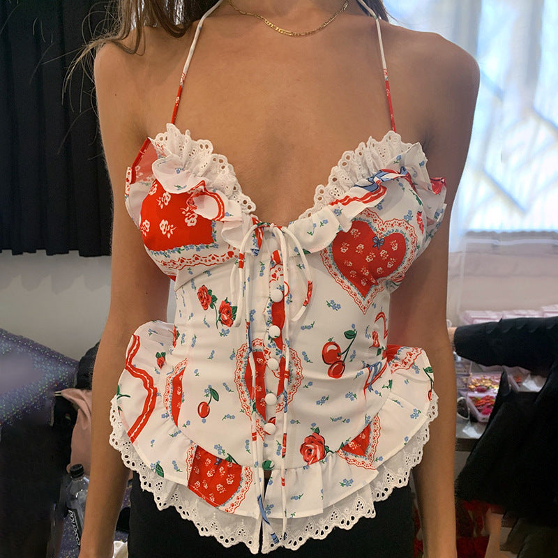 Hailey Ruffle Heart Print Halter Top
