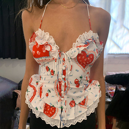 Hailey Ruffle Heart Print Halter Top
